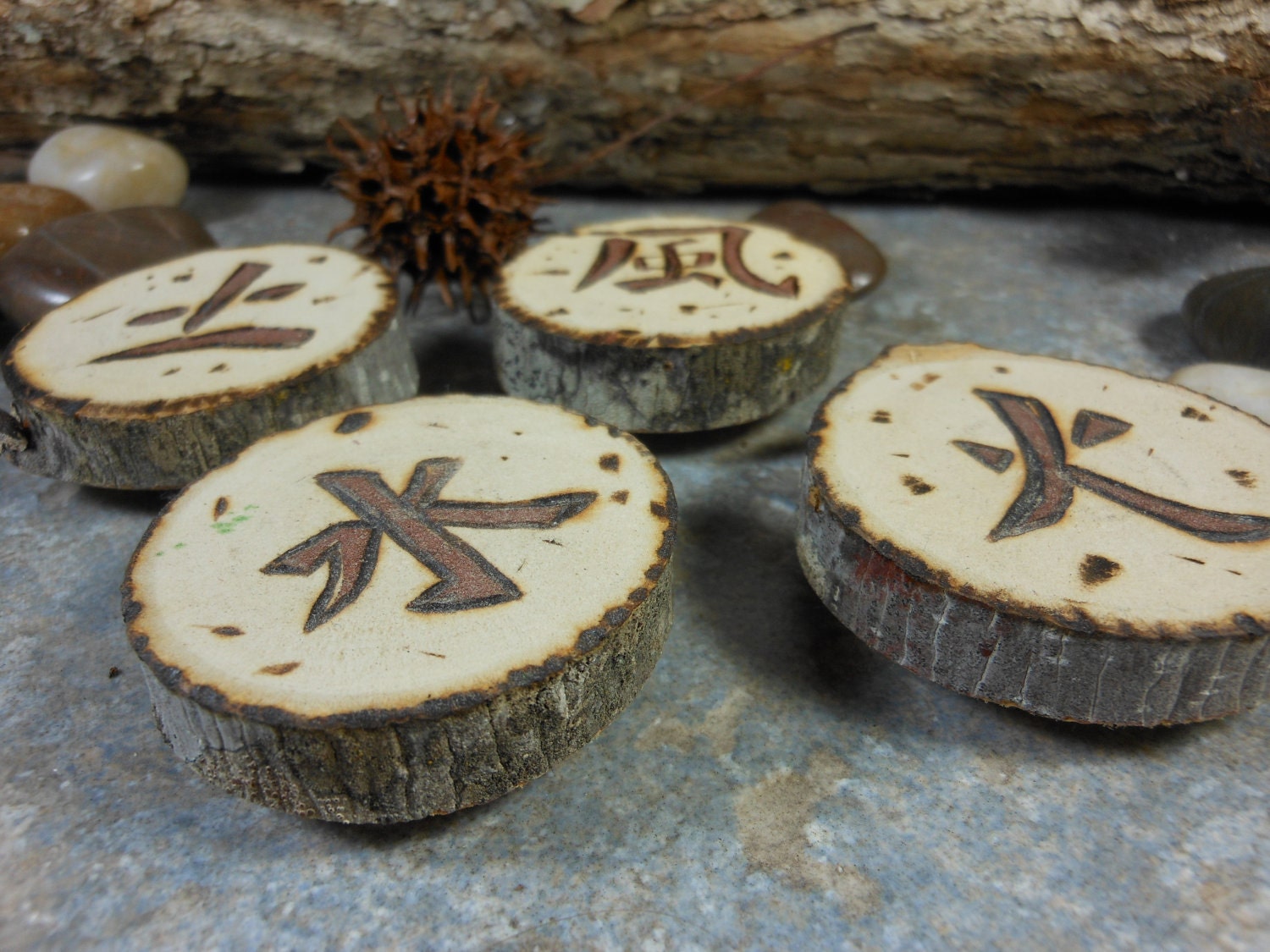 JAPANESE KANJI MAGNETS - Four Elements Refrigerator Magnets - Handpainted Log Sections