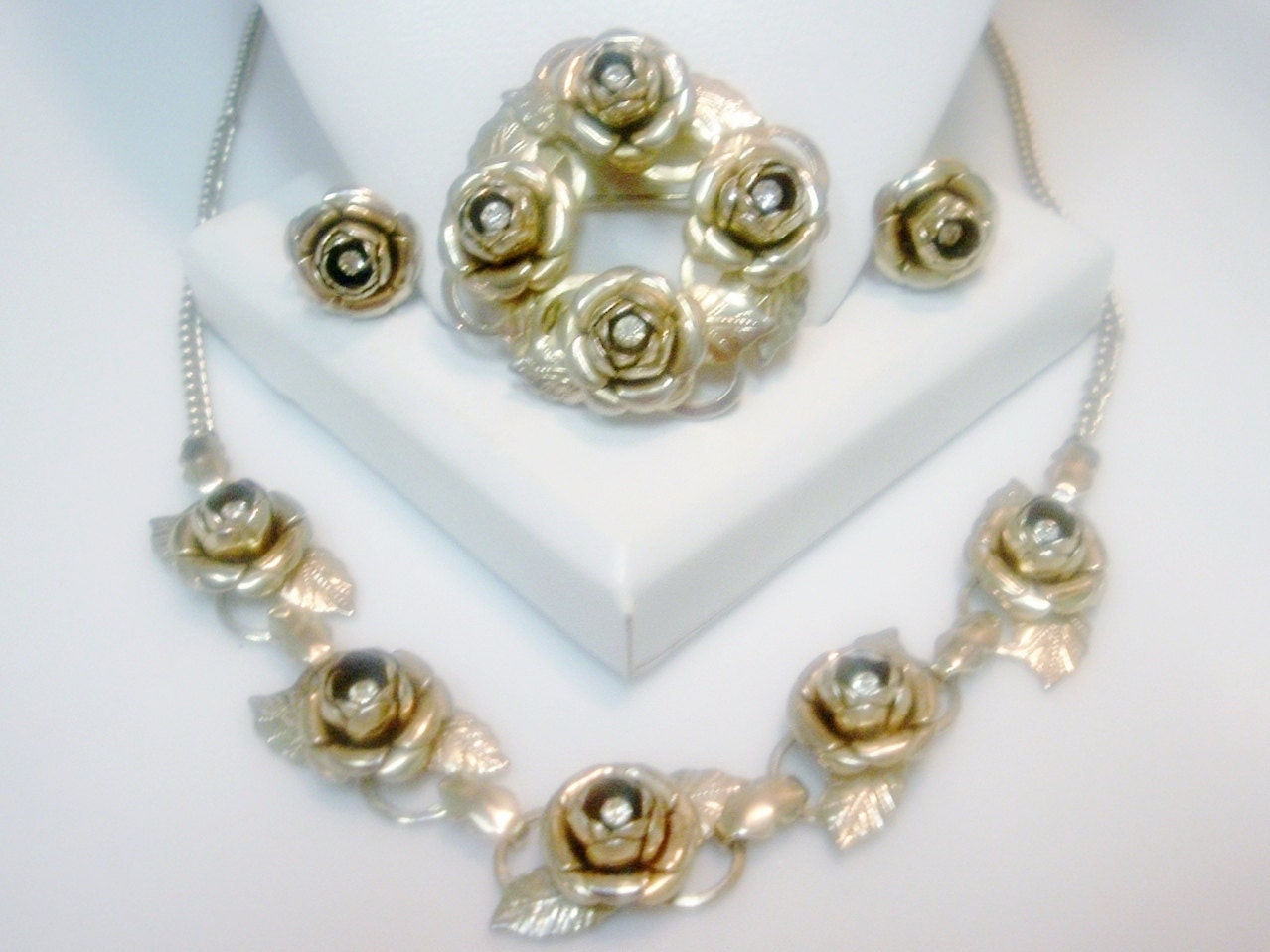 CLEARANCE--Vintage RoseBud and Rhinestone Necklace Brooch Earring Set