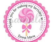 Pink Lollipop Personalized Stickers, Birthday, Gift Tags, Party Favors, Pink, Sucker, Strawberry, Children, Seals, Chocolate  - Set of 12