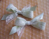 Green and Ivory Lace Bow Clips