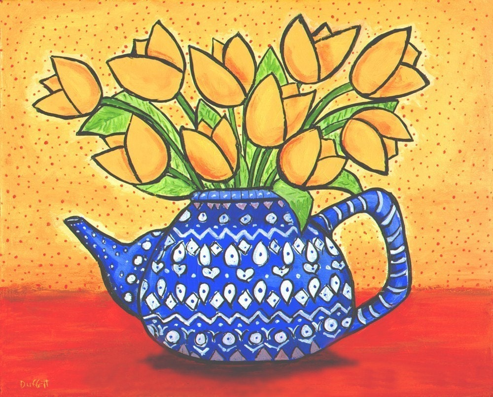 Yellow Tulips in Blue and WhiteTeapot- Print