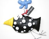 BirD named  Picasso with blue Cloud ... Whimsical WaLL ArT ... black and white polka dots, bright yellow beak - buttuglee
