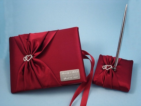 Apple Red Wedding Guest Book and Pen Set with Linked Hearts and Personalized Engraving