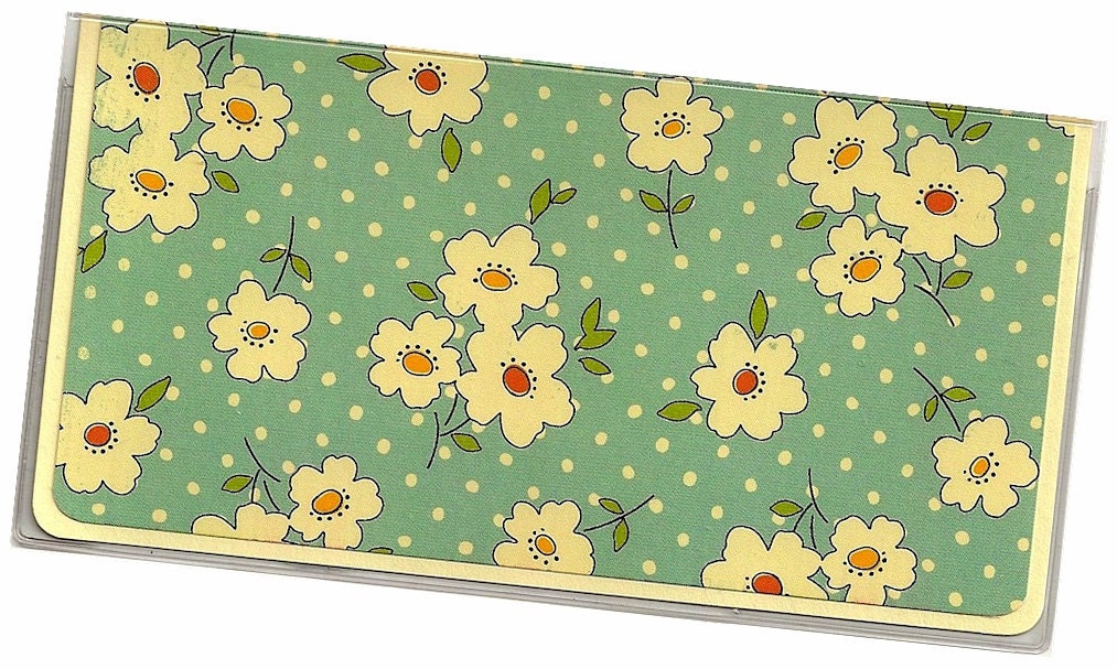 Checkbook Cover - Orange Yellow Floral on Blue a cardstock and clear vinyl duplicate check book cover Grandama's Apron 6a