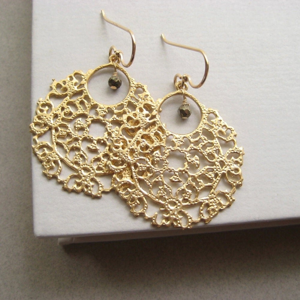 Gold Filigree Earrings, Faceted Pyrite Gold-Plated Pewter Filigree Earrings