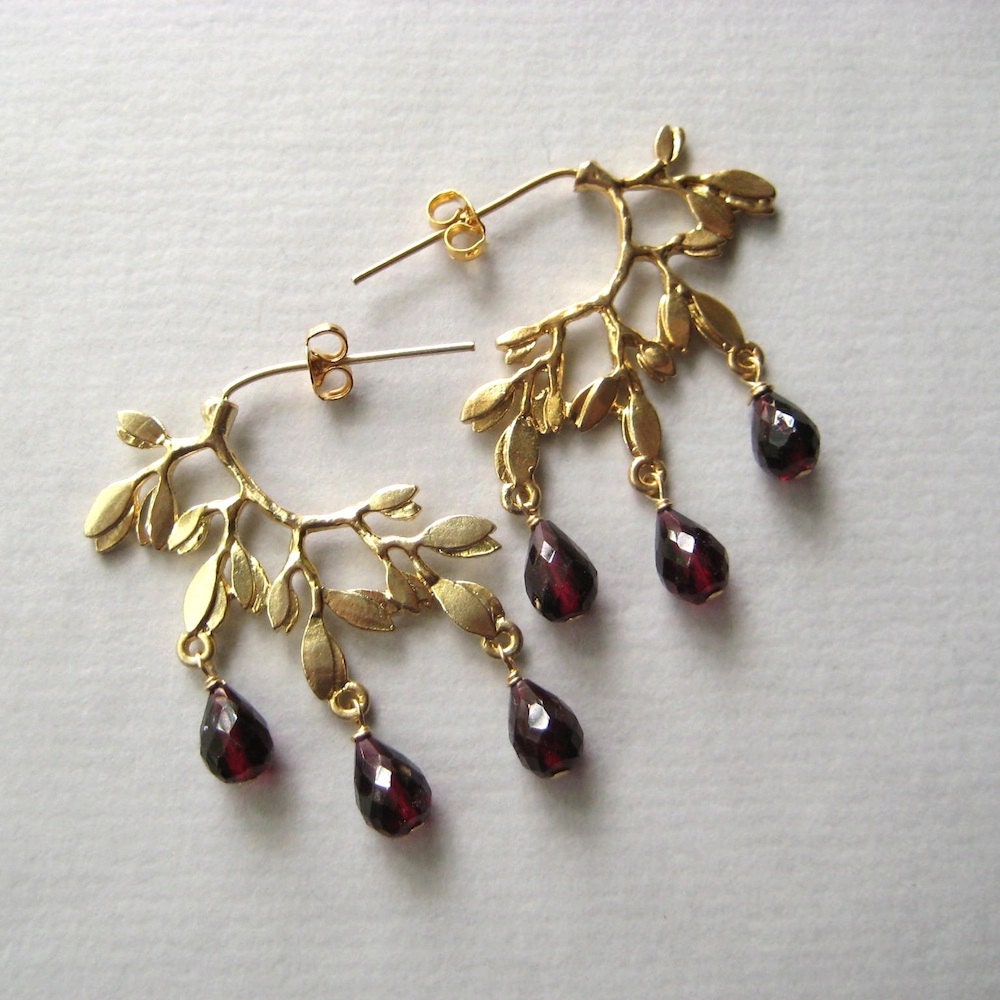 Garnet Earrings, Faceted Garnet Gemstone Briolettes Gold-Plated Brass Earrings Under 50