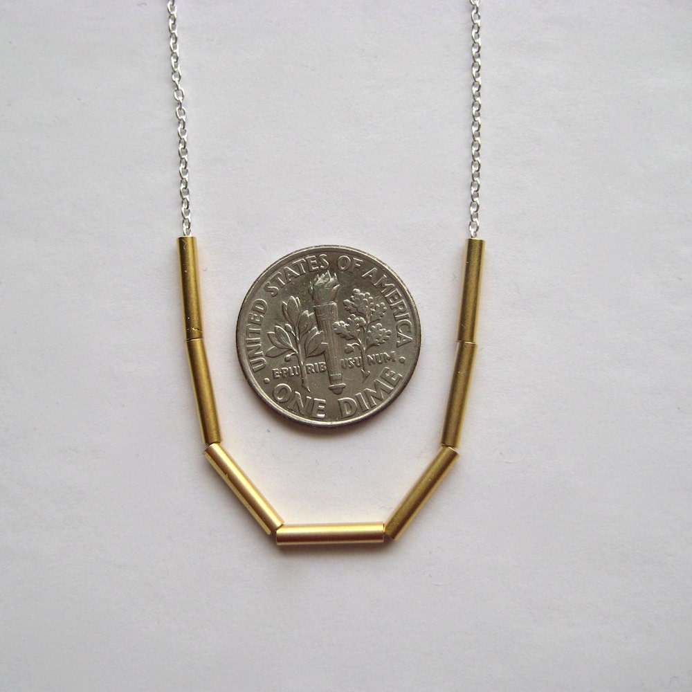 Vintage Brass Necklace, Vintage Brass Tube Sterling Silver Chain Necklace