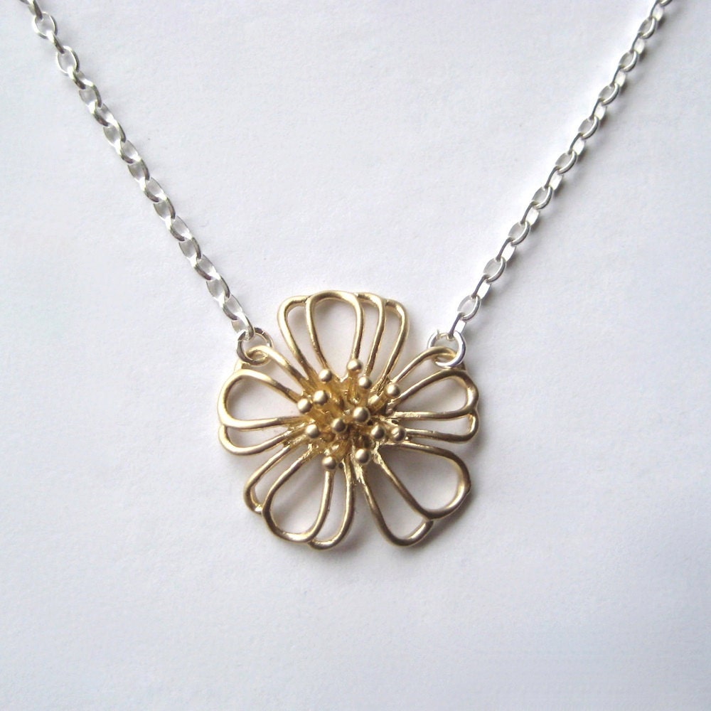 Brass Flower Necklace, Floral Necklace, Minimal Jewelry, Mixed Metal Jewelry