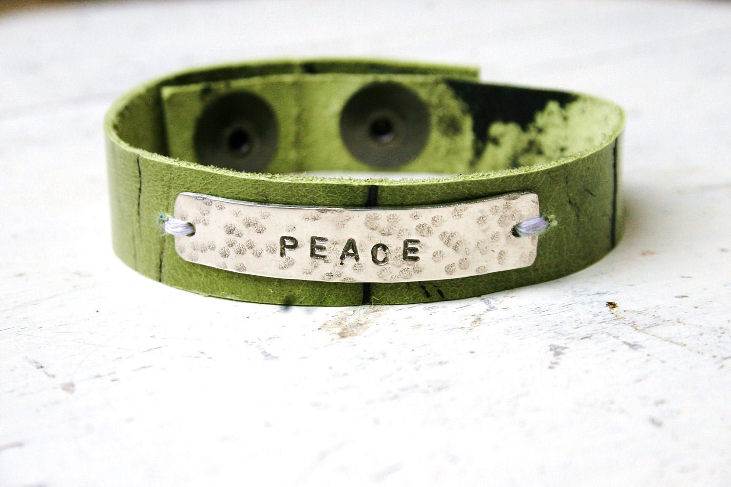 Green Peace Leather Bracelet...Unisex...Exotic Leather...Hand Stamped...Customizeable...Free Shipping
