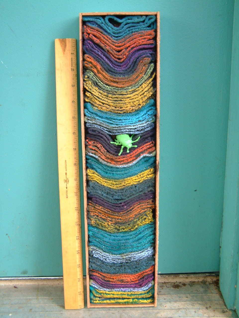 Strata Shadow Box Sculptural Relief with Green Beetle and Upcycled Wool