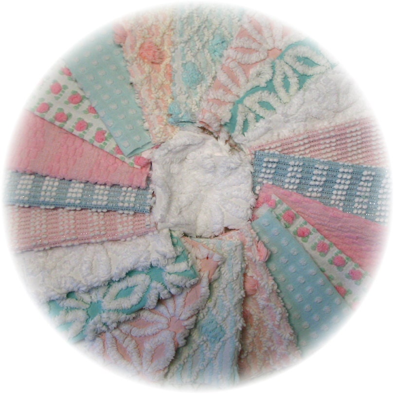 Vintage Chenille Bedspread Charm Quilt Squares DIY MJ Hofmann Rosebuds Daisys