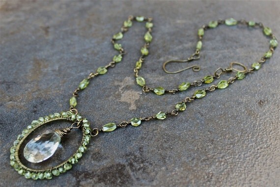 Elegant Peridot and Quartz Teardrop Wire Wrapped Necklace