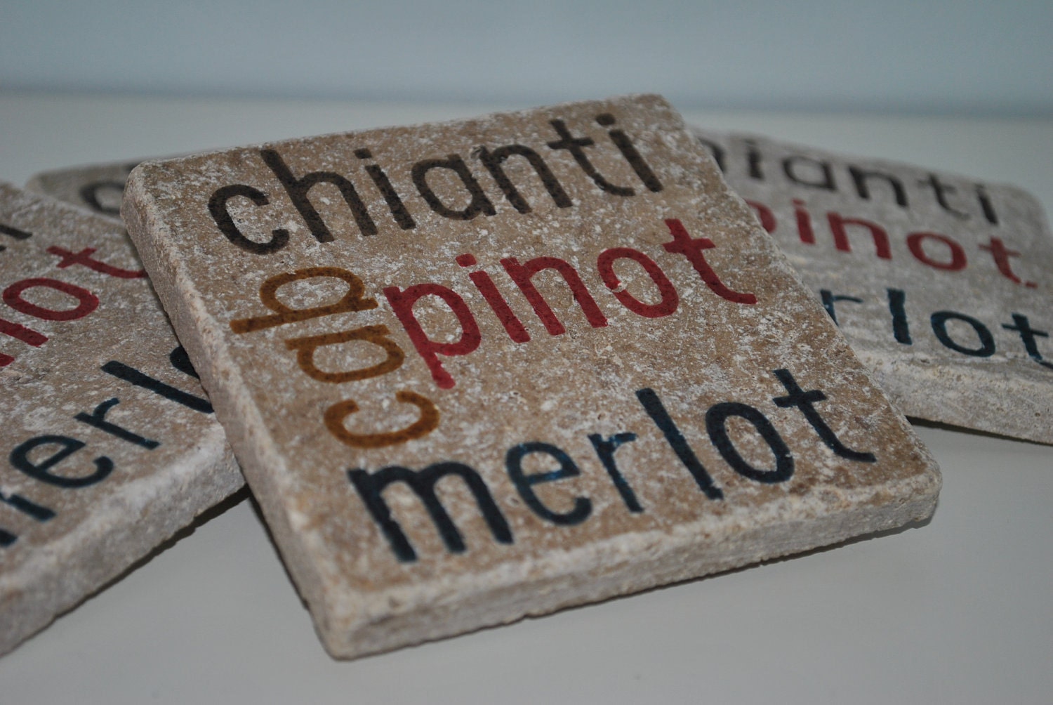 Wine Lover Natural Stone Coasters. cab, chianti, pinot, merlot. Gift for Him. Gift for Her. Set of 4. By Freckle on etsy