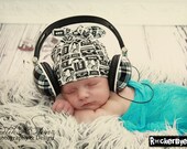 RockerByeBeanies Newborn Baby knit skull cap hat beanie White Black Boom box Headphones  for your little boy or girl