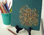 Teal Squiggle Embroidered Artwork - Fiber Art - Metallic Threads - Texture - Abstract