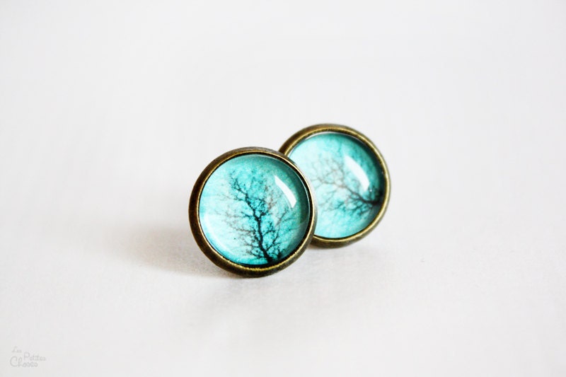 Teal Tree Branch Stud Earrings - Gift For Her Under 20usd