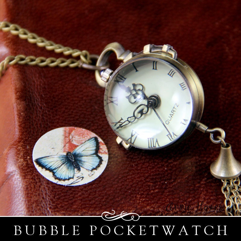 DIY Glass Bubble Pocket Watch Charm in Vintage Bronze. Chain Included. Annie Howes.