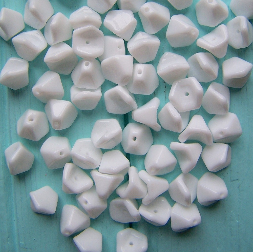 Vintage Glass Beads,  Flowers or Bead Caps, white, 4 beads