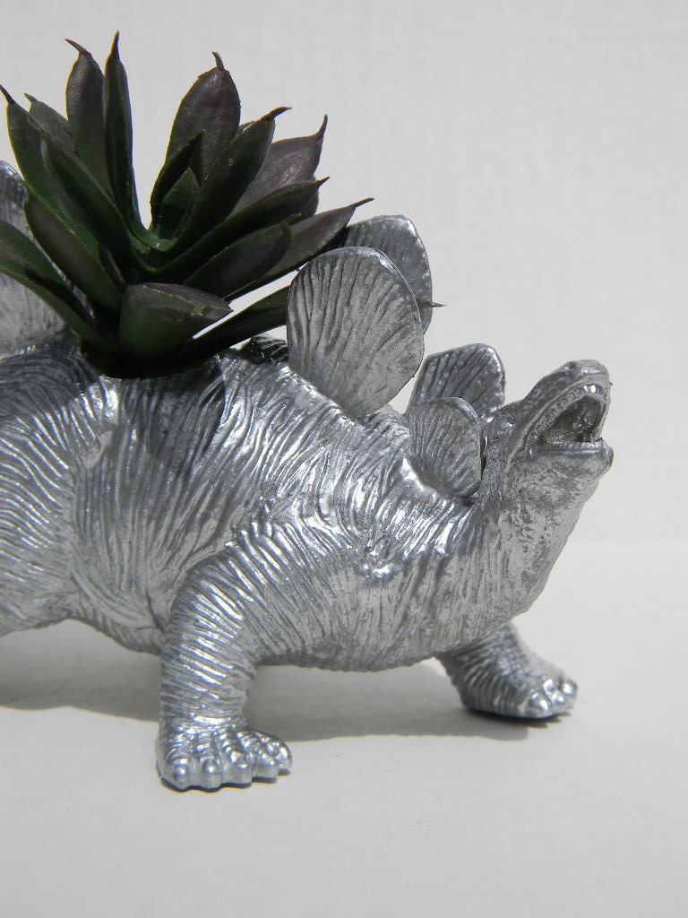 Silver Dinosaur Planter for Succulent Plants Fun Office Decor