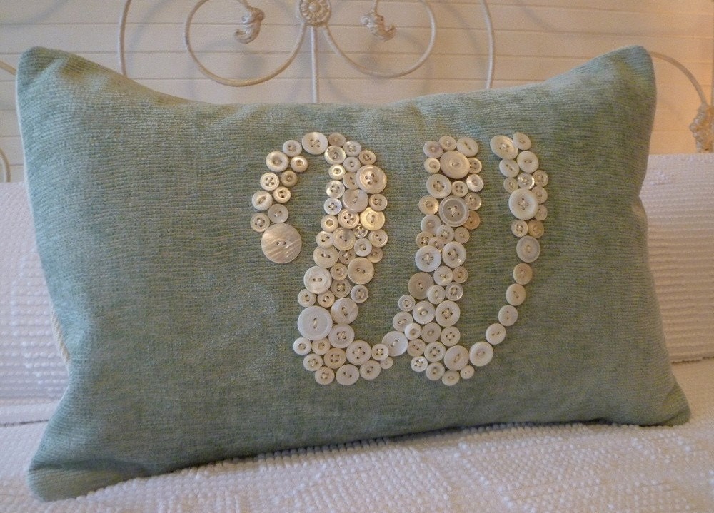 Blue Chenille Letter 'W' Pillow Monogrammed in Vintage Buttons -- by Letter Perfect Designs on Etsy