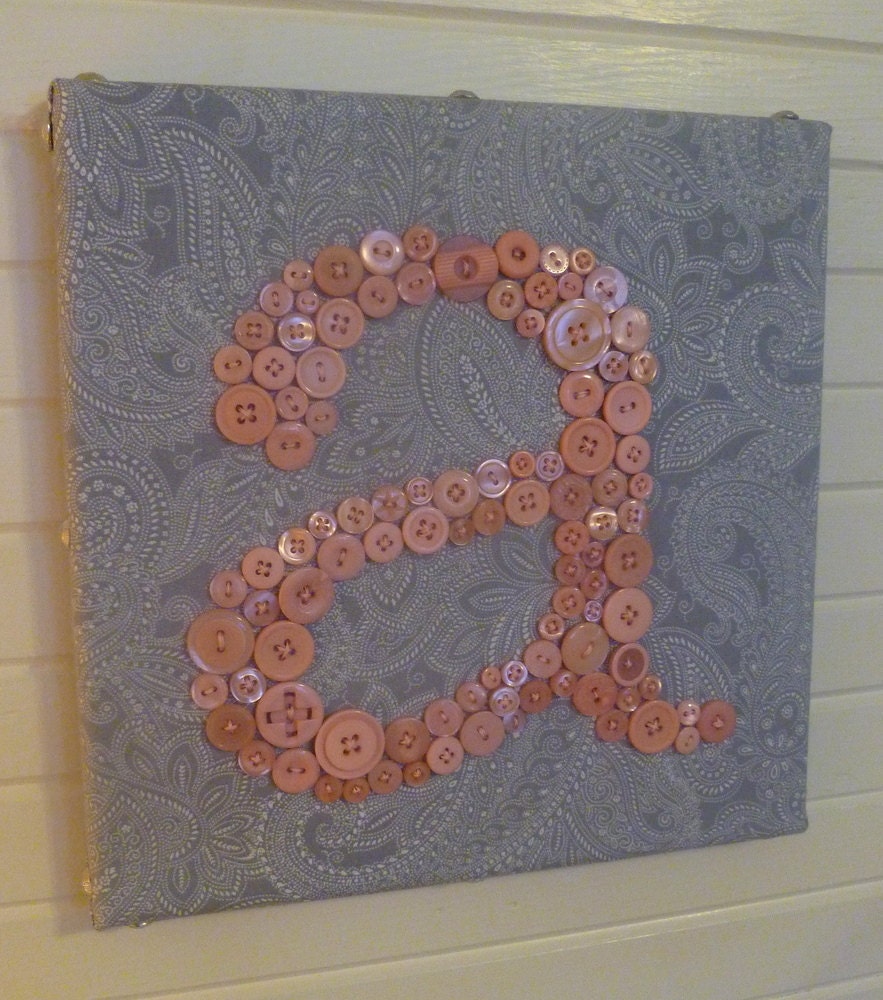 Baby Nursery Button Monogram -- Pink Buttons on Gray Paisley -- 10x10 Canvas