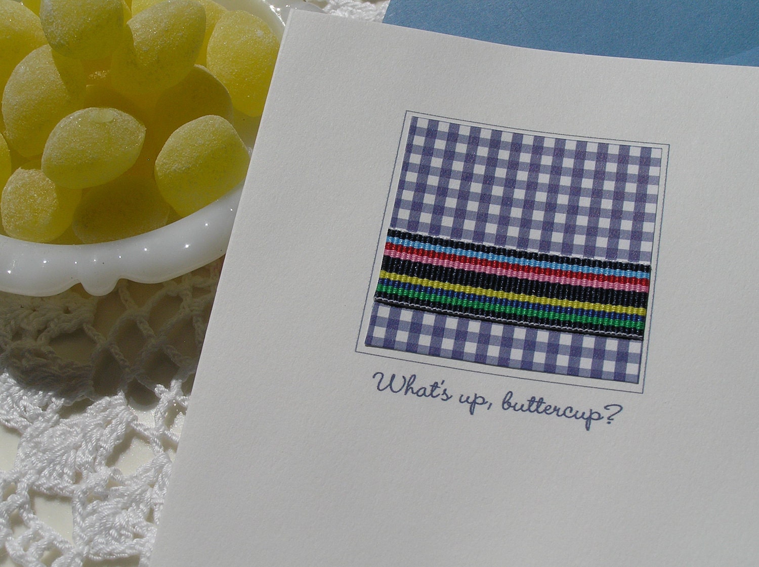 Blue Gingham & Striped Grosgrain Card, Preppy, Fun, Girls, Women, What's Up Buttercup