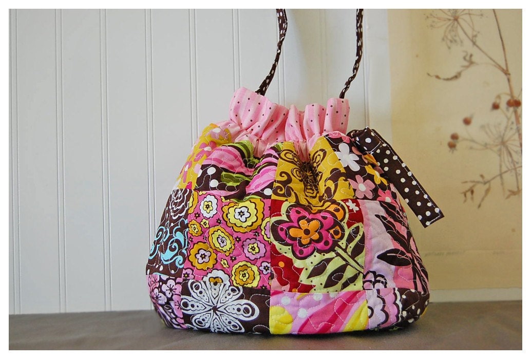 bag Quilted Drawstring Patchwork pink brown black purse Chocolate Lollipop Modern handbag purse KINDLE Handmade DIAPER tagt team