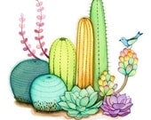 Watercolor painting, Wall art print, Cactus garden