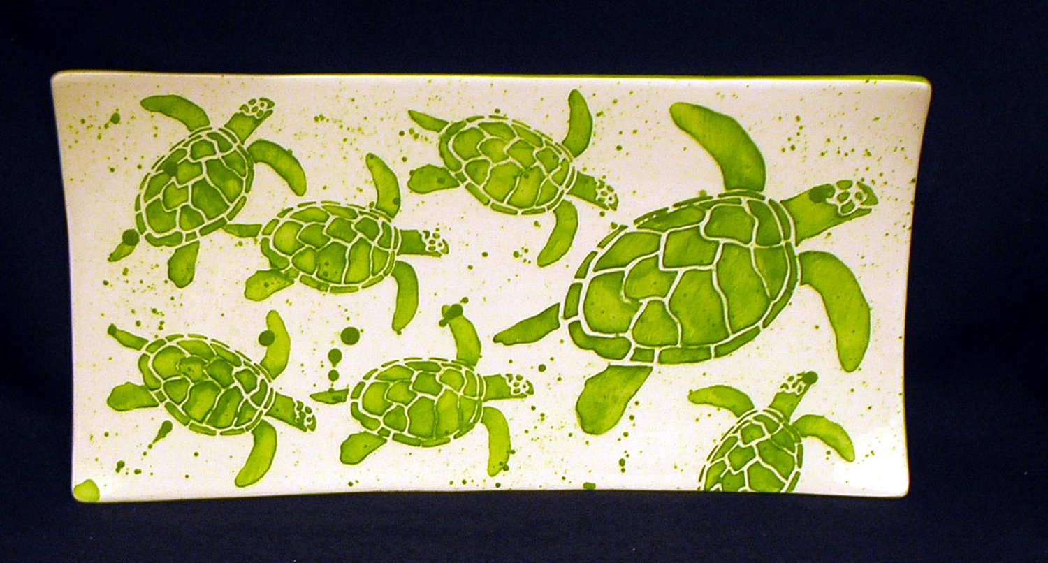 Platter. Sea Turtle. Mommy and with Babies Sea Turtle Rectangular Platter. Sea. Turtle. Green. Handmade by Sara Hunter Designs.