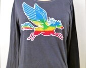Pegasus Batik yoga Eco friendly T- Shirt vintage black long sleeved women Sz. XS, S, M, L, XL