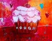 Sweet Life Cupcake Painting in magenta orange brown and aqua by Jodi Ohl