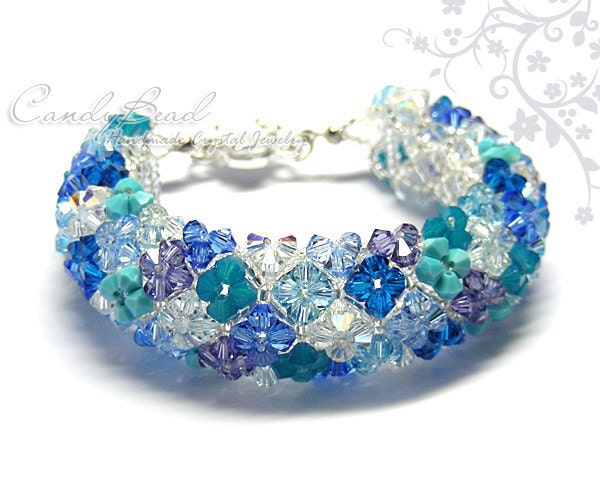Elegant Blue Crazy Swarovski Crystal Bracelet with Flower clasp by CandyBead