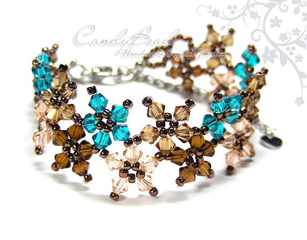 Crystal Bracelet, Sweet Brown and Teal Multiflora Swarovski Crystals Bracelet by CandyBead