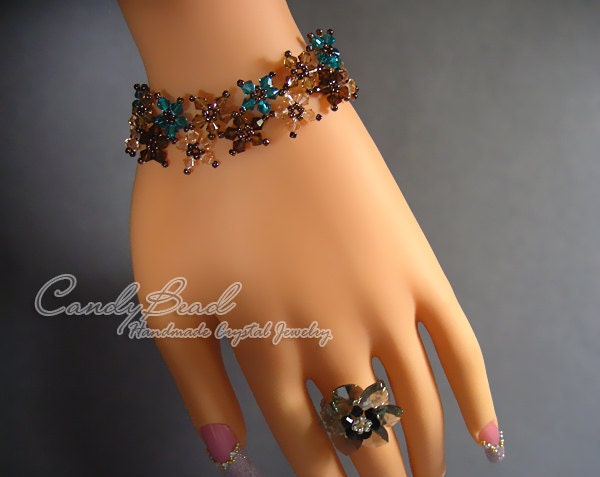 Crystal Bracelet, Sweet Brown and Teal Multiflora Swarovski Crystals Bracelet by CandyBead