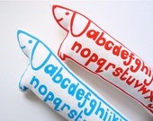 Retro modern screen printed alphabet toy dog plush by Jane Foster
