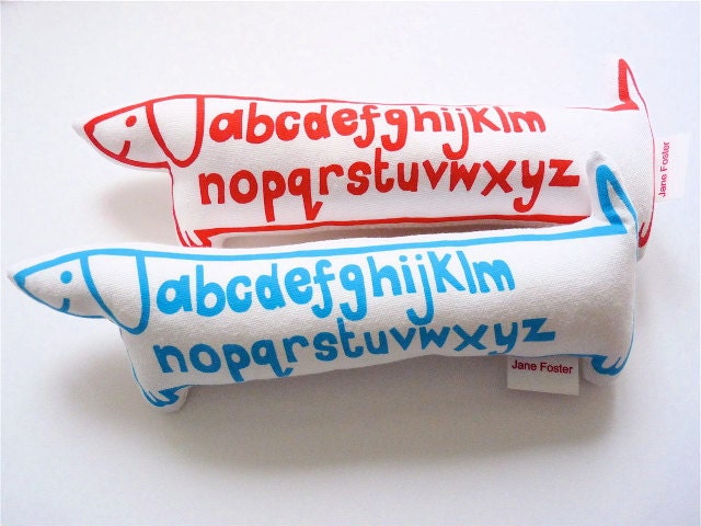 Retro modern screen printed alphabet toy dog plush by Jane Foster