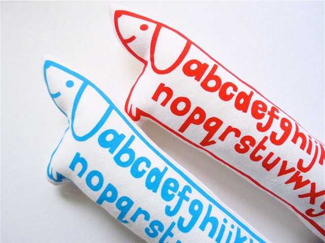 Retro modern screen printed alphabet toy dog plush by Jane Foster