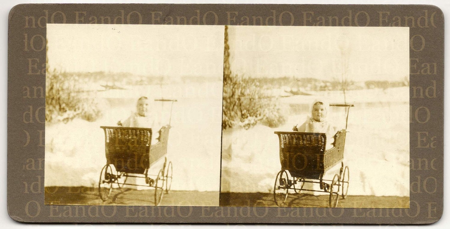 Antique Very Unique Private 3 D Stereoview Card Baby in a Carriage Pram Stroller Buggy 1900s 1910s