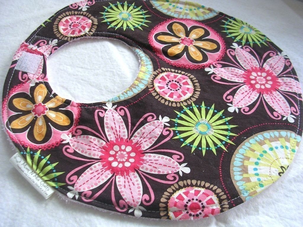Carnival Bloom - Boutique Bib for Baby Girl or Toddler Girl - pink terry cloth backing with snagfree velcro closure