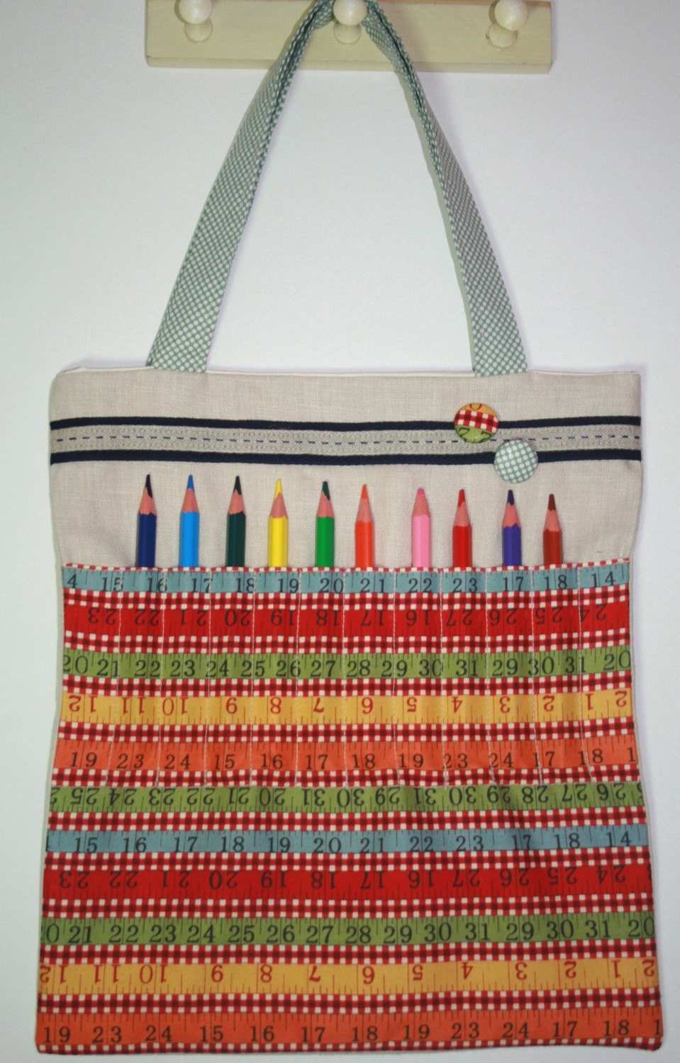 MEASURING TAPE RULER FABRIC Pencil and Art Tote in Red with Blue Detail