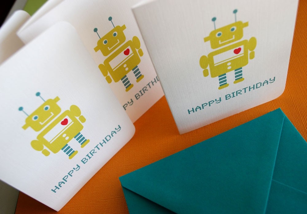Robot Birthday cards in green, set of 6