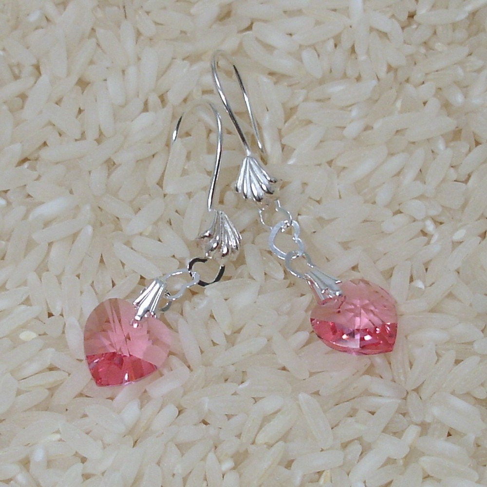SALE -- Pink Crystal Heart Earrings on Sterling Silver