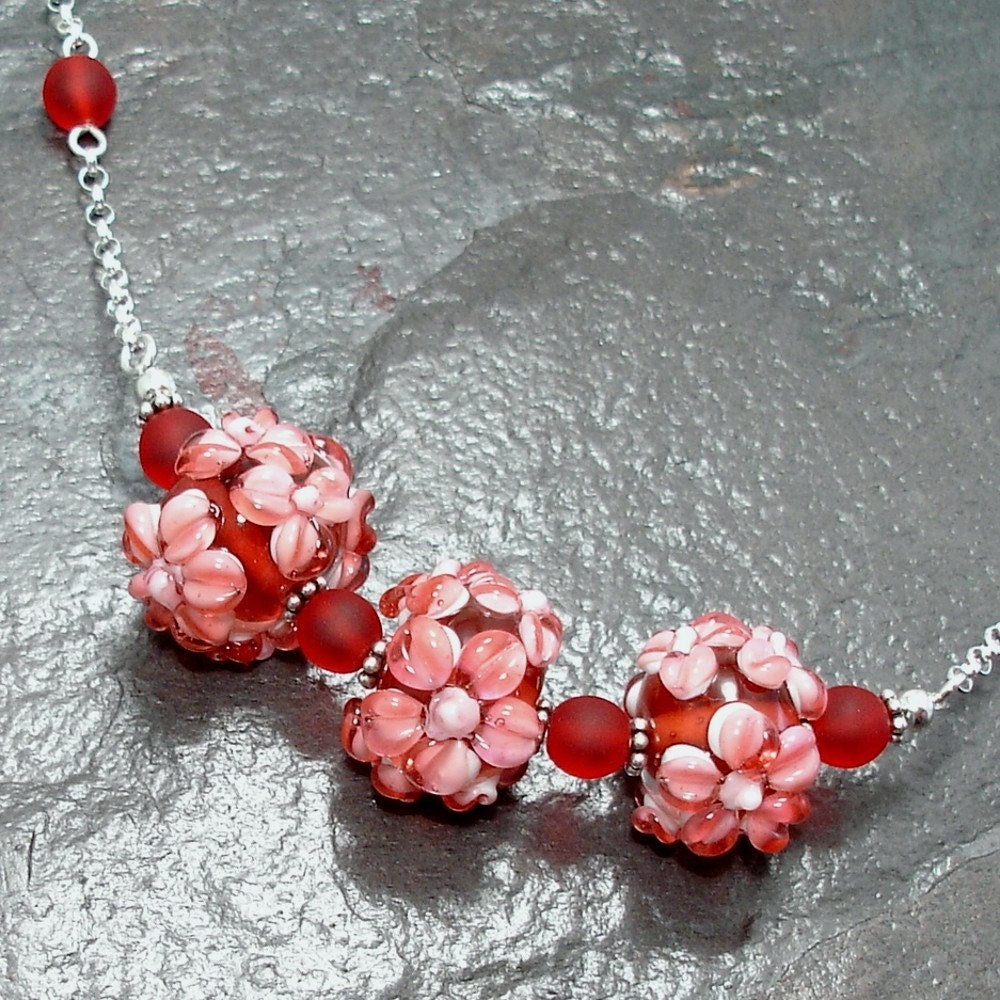 Ruby Pink Floral Lampwork Beads on Adjustable Sterling Silver Necklace