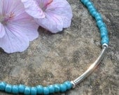 Silver Tube Turquoise Seed Bead Friendship Bracelet with Heart Clasp