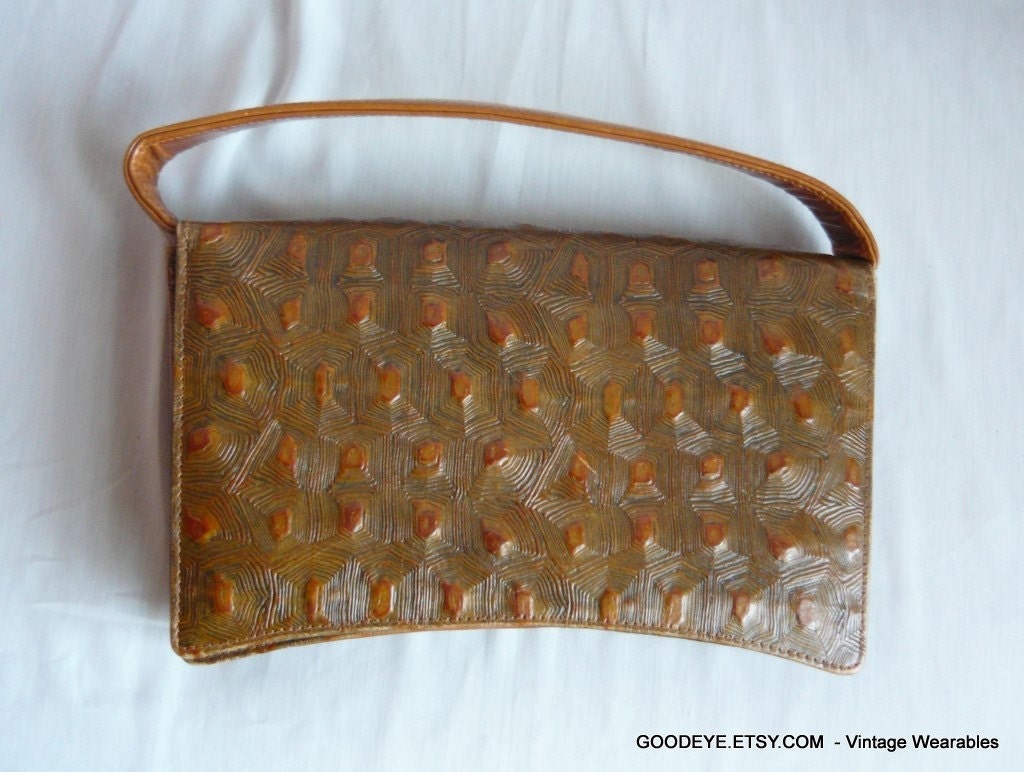 Crossbody Ostrich Embossed Leather Purse Hand Bag Cognac Exotic