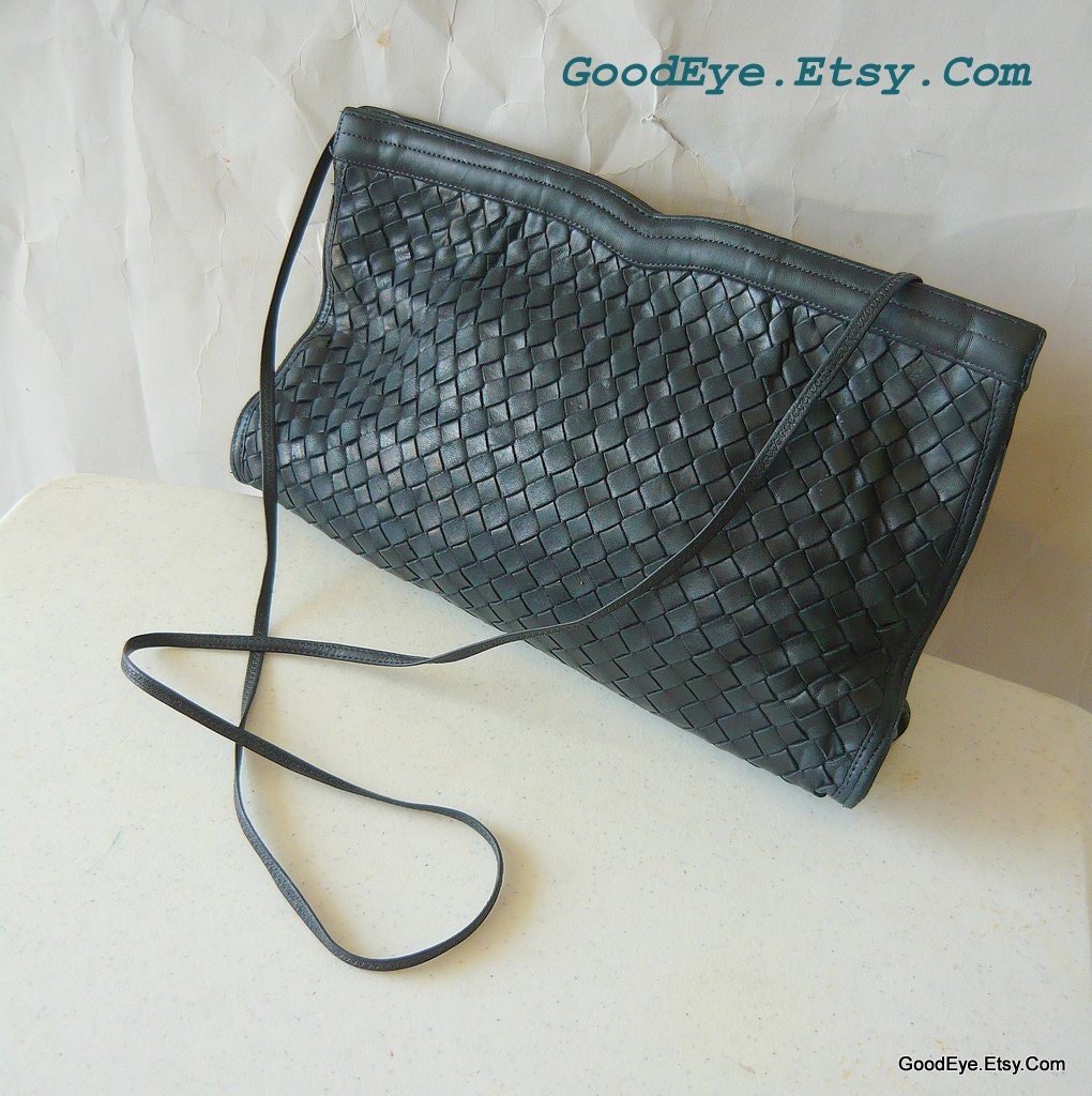 Woven Leather Purse Crossbody Clutch MOSKOWITZ Shoulder Bag 1980s Dark Blue