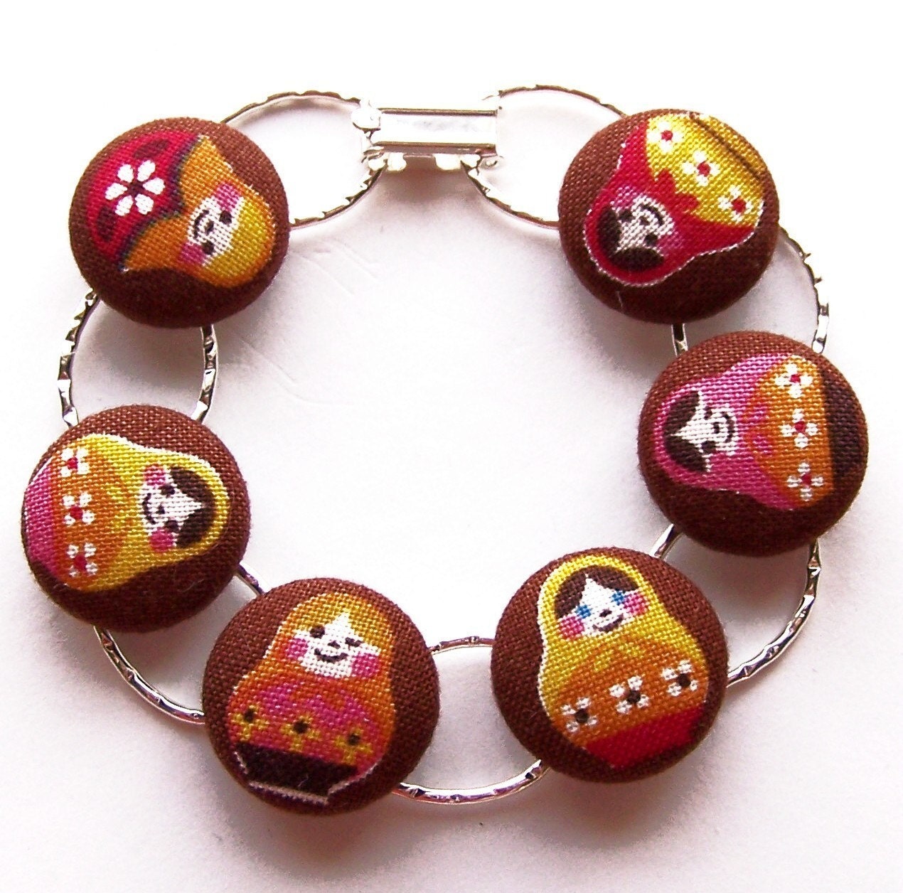 Babushka Buttons Adorable Fabric Covered Button Bracelet