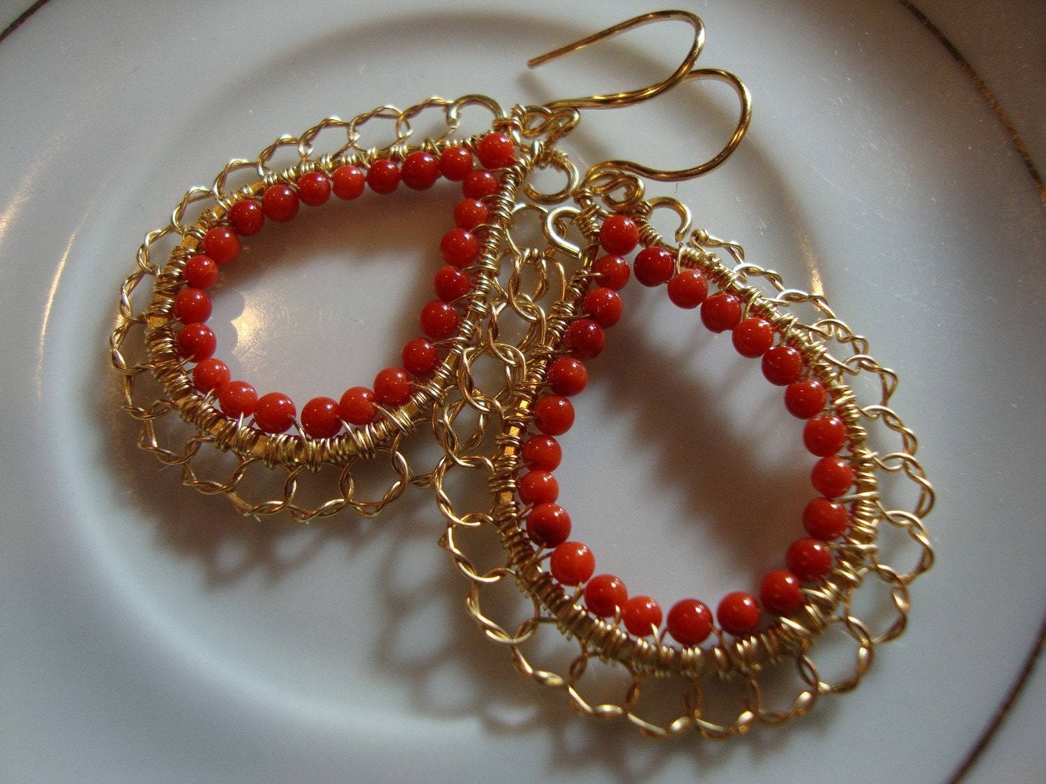 Orange Red Coral and Golden Wire Wrapped Lace Hoop Earrings