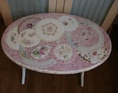 TINY BUBBLES broken china shabby chic pink roses Mosaic oval table duncan phyfe linen fold