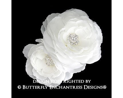 White Bridal Hair Flowers, Wedding Hair Clips, Fascinators, Headpiece - 2 English Rose Flower Clips - Rhinestone